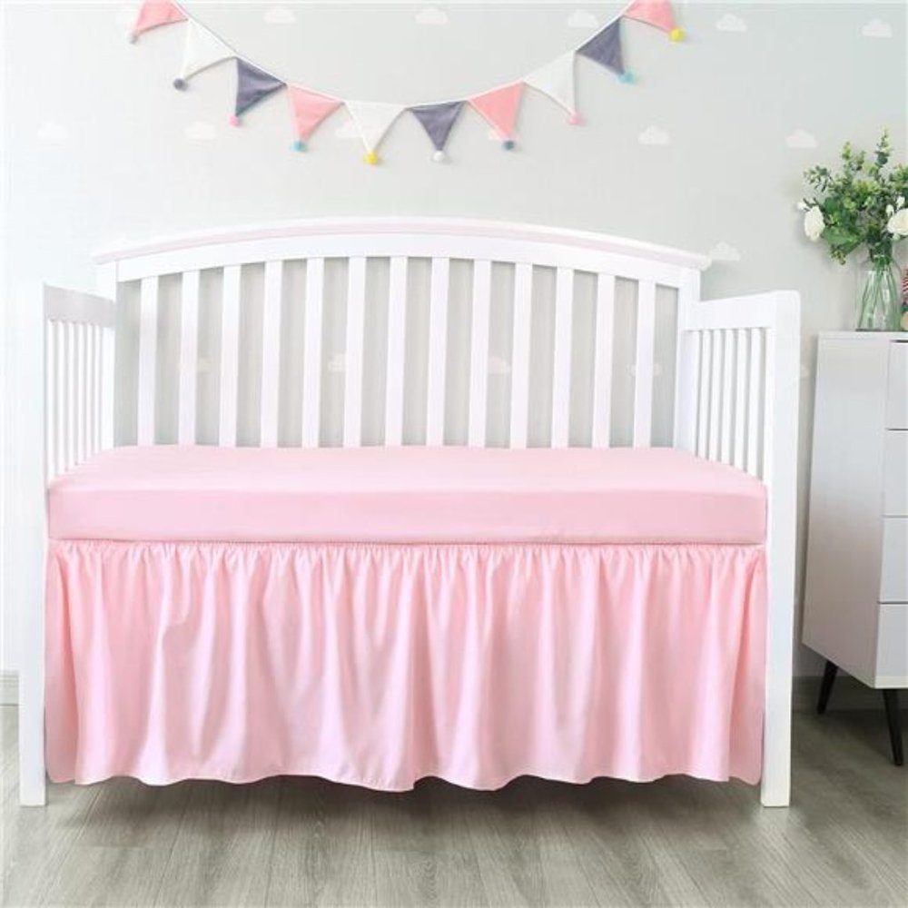 Crib Skirt Pleated Dust Ruffle Pink Nursery Room Decor for Baby Girls Boys